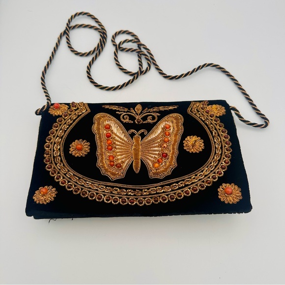 maharani Handbags - Maharani Embroidered Black and Gold Clutch Velvet Bag